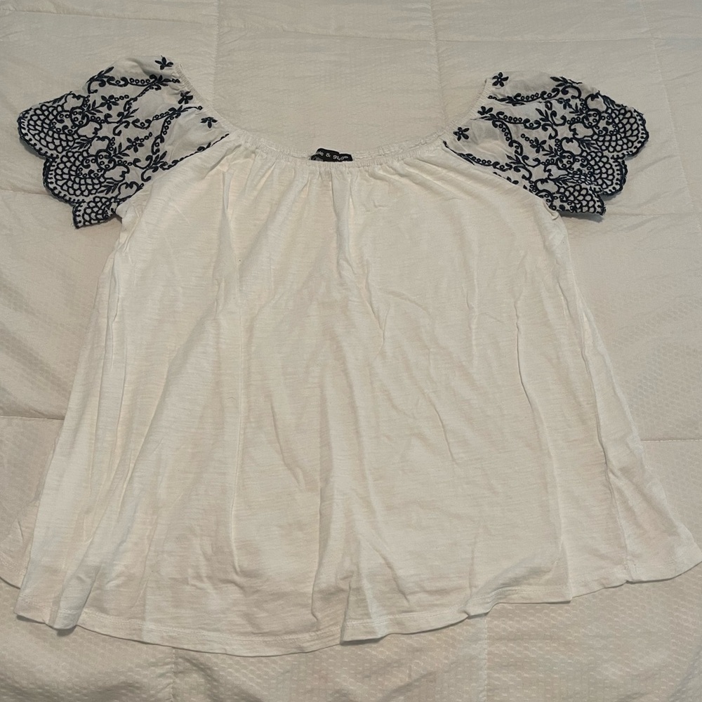 White off-shoulder/wide neck embroidered shoulder cap top